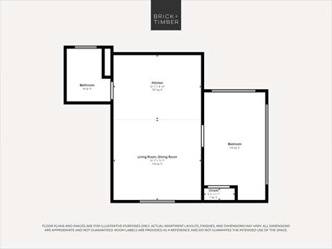 Floor plan for 1 bed, 1 bath, 491 sqft